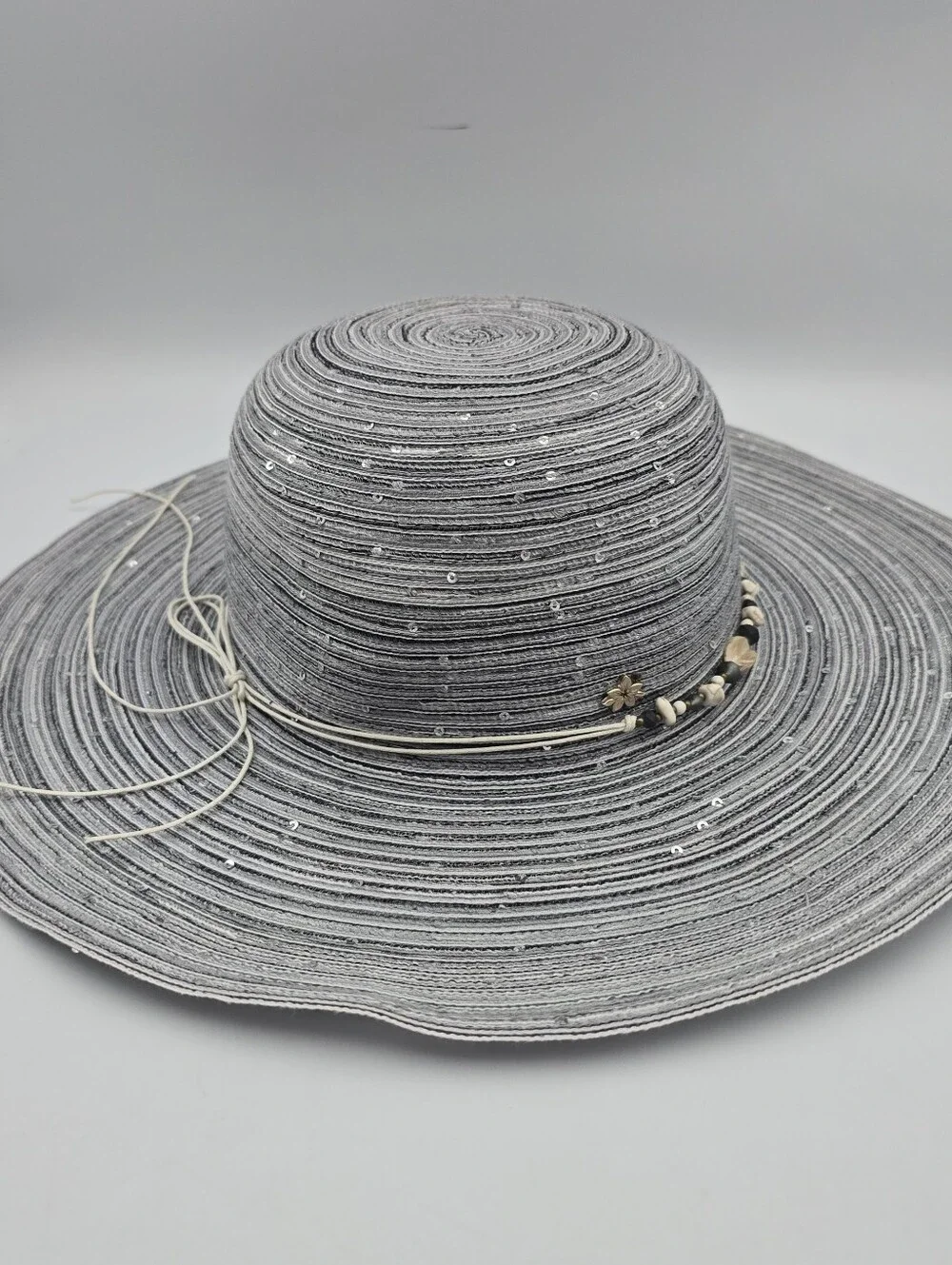 Women's Capelli Gray Polyester Wide Brim Beaded Sequin Band Sun Hat